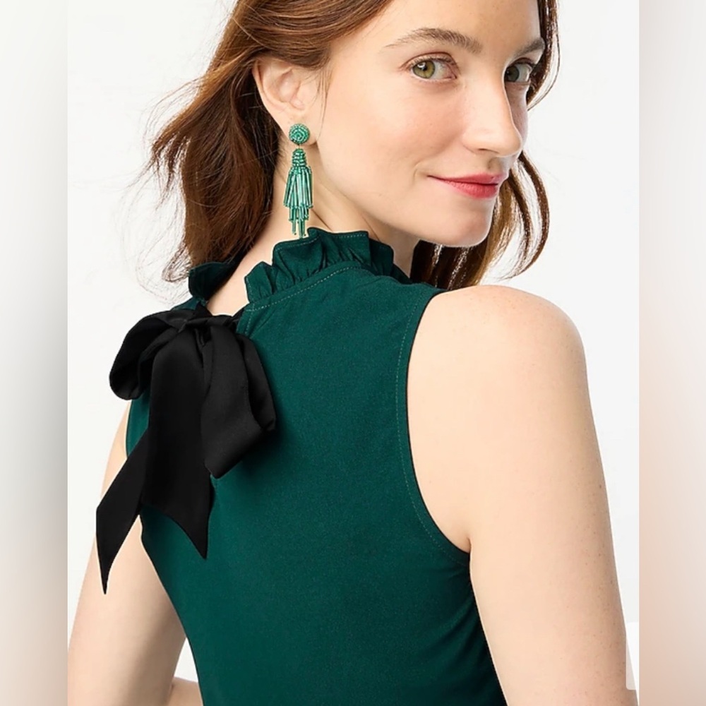 J. Crew Factory Green Ruffle Top with Black Bow